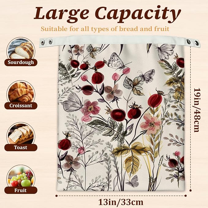 Bread Bags for Homemade Bread- Vintage Flower Butterfly 2 Pack Linen and Beeswax Sourdough Storage Bags, Reusable Keeper, Keeps Breads Fresh Longer, Gifts for Bakers