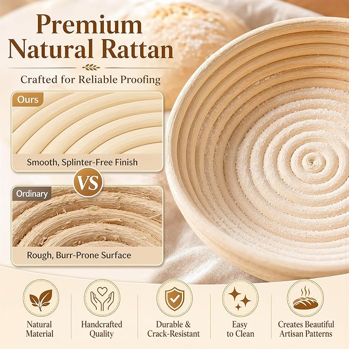 Sourdough Starter kit with Sourdough Starter Jar, 9" Round and Oval Banneton Basket, Dough Scoring Tool, Whisk and Bread Cutter for Homemade Bread a Complete Sourdough Kit