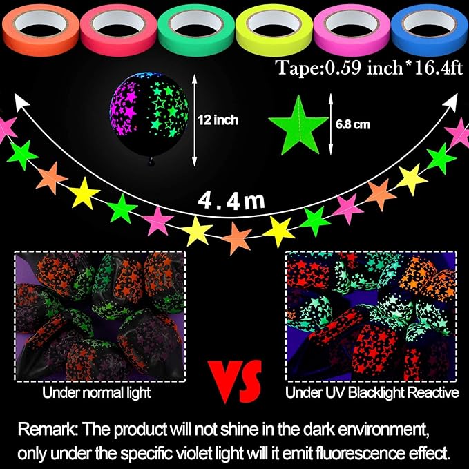 Skylety 32 Pcs Glow in The Dark Party Supplies Neon Party Favors with 25 Fluorescent Balloon 6 Rolls 98.4 ft UV Blacklight Luminous Tape 14.4 ft Neon Streamer Garland for Adults(Cute Star)
