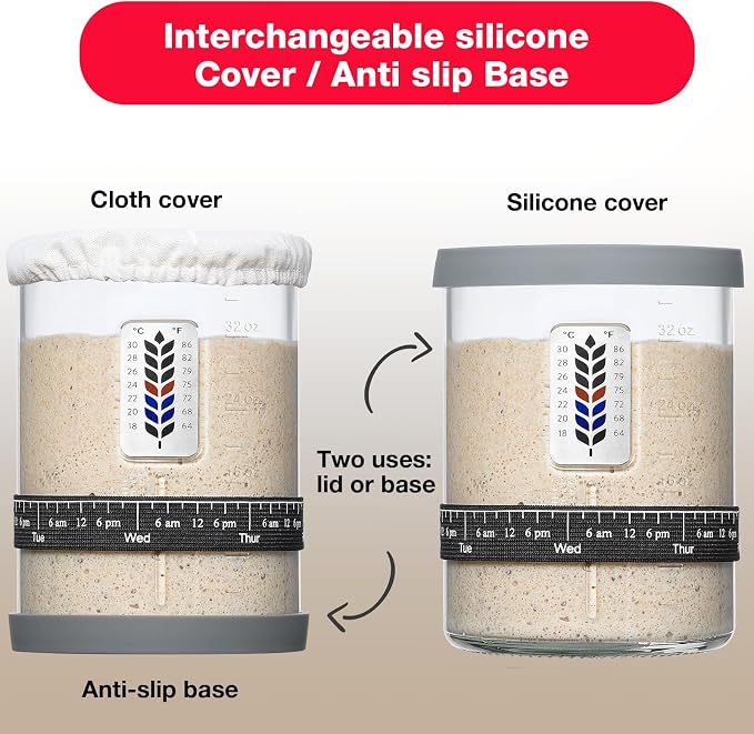 2 Pack Premium Pro Sourdough Starter Jar Kit - 40oz Large Wide Mouth Sourdough Bread Jar with Marked Feeding Band, Thermometer, Scraper, Cloth Cover & Silicone Lid/Base, Glass Container, Baking Supply