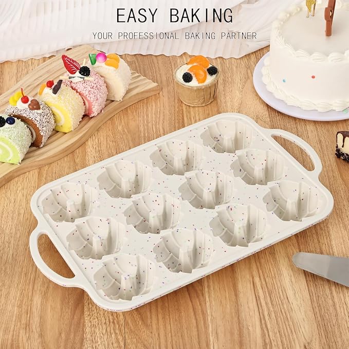Mini Bundt Cake Pans for baking, 1.5-inch Cavities Non-stick Silicone Baking Mold, 12-Cavity Reusable Twisted Shape Cake Pan for Cupcakes, Donuts, Cornbread & Brownies