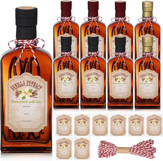 Suclain 8 Pack 8.5 oz Amber Glass Bottle for Vanilla Extract Homemade, Brown Vanilla Extract Bottles with Airtight Lid and Stickers for Syrup Gift Food Storage Canister Christmas Small Gift(Mixed)