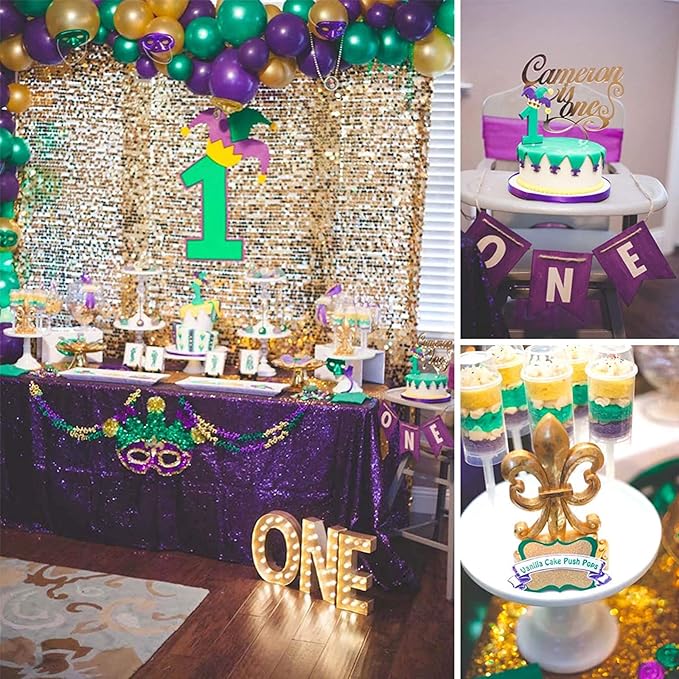 PartyWoo Purple Gold and Green Balloon Arch Kit Garland 140pcs Different Sizes of 18 12 5 Inch Pearl Purple Gold Green Confetti Balloons for Mardi Gras Carnival Masquerade Birthday Party Decorations