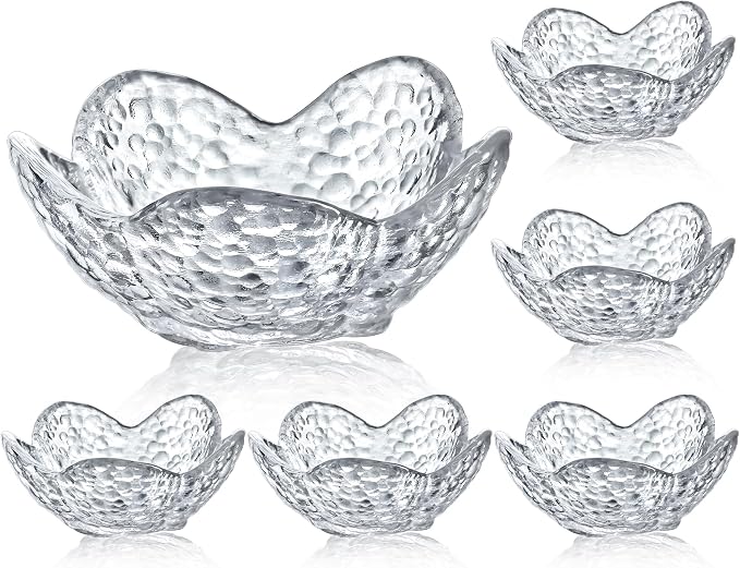 kanpura Mini Glass Bowls, Flower Shaped Prep Bowl, Dishwasher Safe, Pinch Bowls for Dipping Spices Sauce, Stackable, 1.5 oz, Set of 6, (Clear)