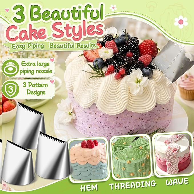 NOVANO Large Piping Tips, 3PCS Set, Stainless Steel Icing Nozzles | Extra Large Plain & Serrated Tips, Cake Decorating, Cupcake Frosting, Cream Baking Tools
