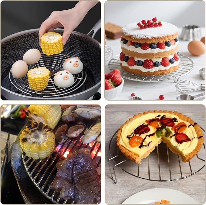 10.5" Round Cooking Rack, 2 Pcs Stainless Steel Baking Cooling Steaming Grilling Rack for Air Fryer, Pressure Cooker, Cooking Enthusiasts