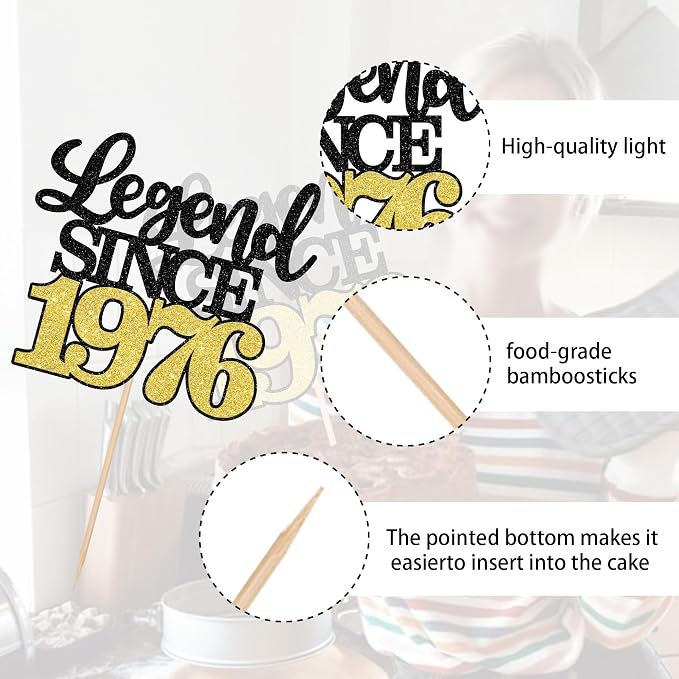 1 PCS Legend Since 1976 Cake Topper Black Gold Glitter Fifty Happy 50th Birthday Cake Pick Cheers to 50 Years Cake Decoration for 50th Birthday Wedding Anniversary Party Decorations Supplies