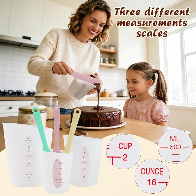 Food-Grade Silicone Measuring Cups with 3Pcs BPA Free Measuring Cups (1/2Cup/1Cup/2Cup) and 3Pcs Reusable Jar Spatulas, Non-Stick Chocolate Melting Cup for Home Baking