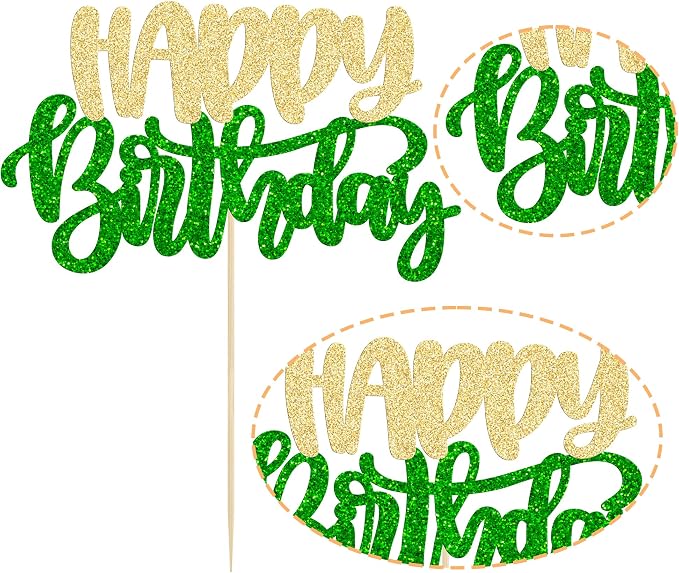 Gyufise 1Pcs Happy Birthday Cake Topper Glitter Happy Birthday Cake Pick for Christmas Theme Wedding Anniversary Theme Party Cake Decorations Supplies Green Gold