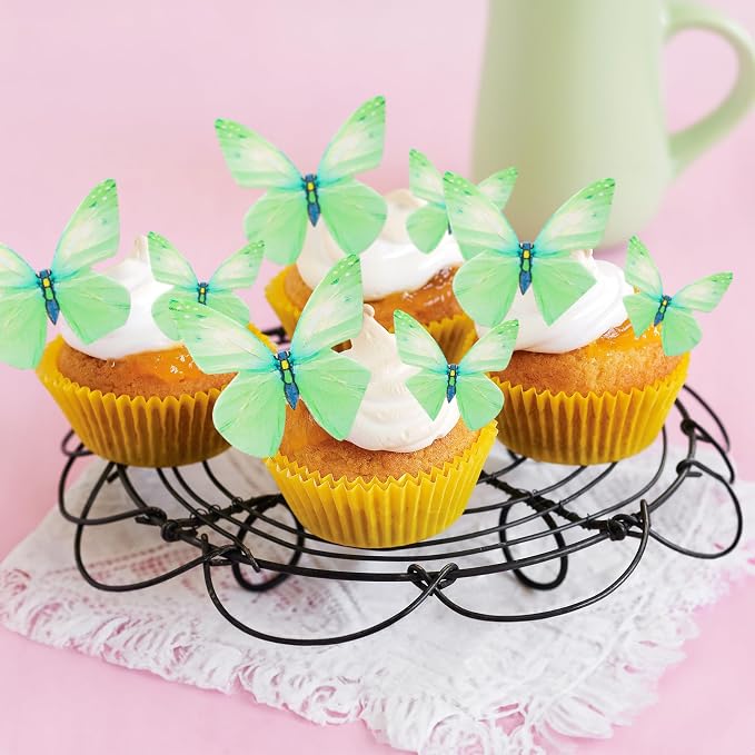 Gyufise 72Pcs Edible Butterfly Cupcake Toppers & Decorations for Butterfly Theme Baby Shower & Kids Birthday Party Cake Supplies - Green