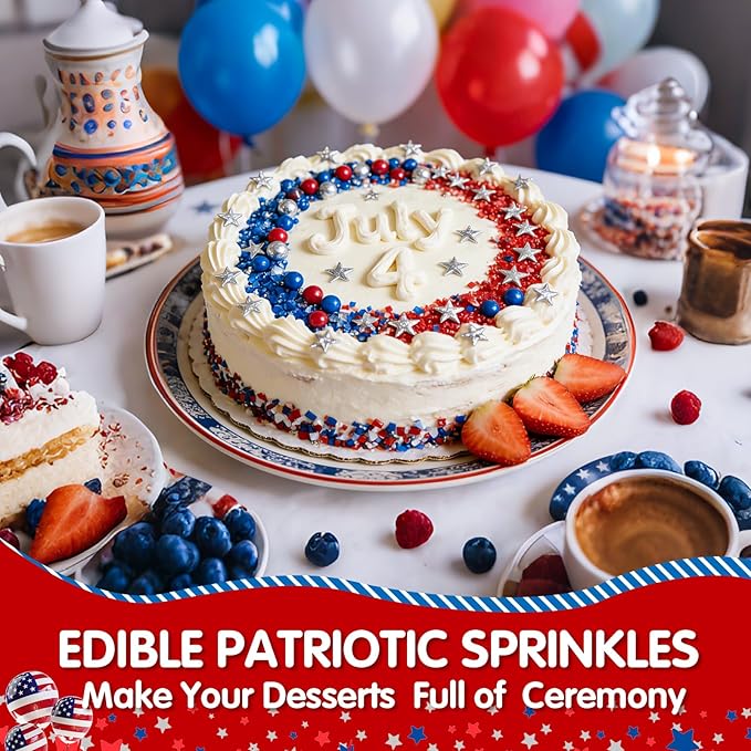 Edible Patriotic Sprinkles,July 4th Blue Red and Silver Pearl Sprinkle Mix for USA Baking Decorations,130g,Edible Sugar Pearls for Captain Cake Decorating,Cookies,Ice Cream,Fondant Cake,Cupcakes,Desserts,Flag Day,Independence Day,4th of July Party Supp...