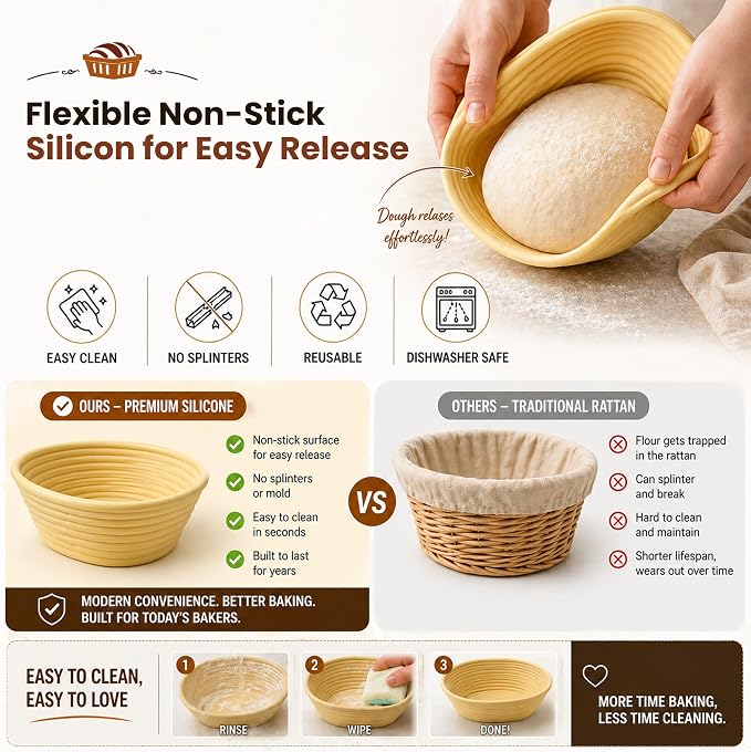 Silicone Sourdough Bread Proofing Basket – 7-Piece Complete Sourdough Starter Kit with 9" Round & 10" Oval Non-Stick Bannetons, Bread Lame, Danish Dough Whisk, Bench Scraper & Silicone Mat