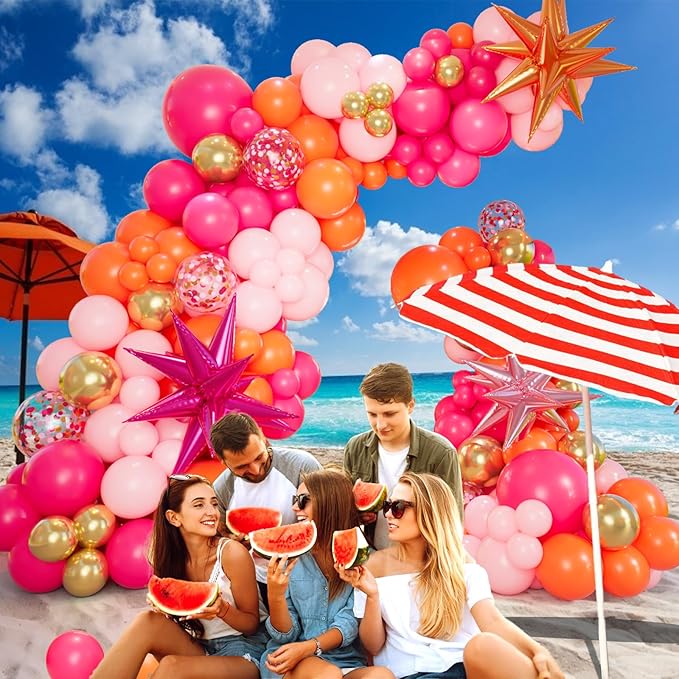 Bonropin Pink and Orange Balloon Arch Kit with Hot Pink Orange Metallic Gold Latex Balloons Garland kit 18 12 10 5Inch Different Size Balloons for Birthday Baby Shower Wedding Summer Party Decorations