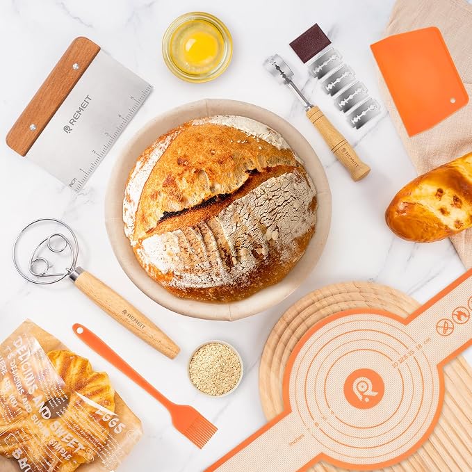 Sourdough Starter Kit with Banneton Bread Proofing Basket Set, 9" Round & 10" Oval Proofing Basket, Sourdough Bread Baking Supplies with Starter Jar, Bread Lame, Dough Whisk and Baking Tools
