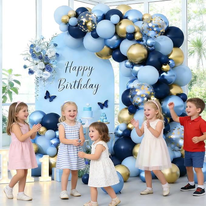 Blue Gold Balloons Garland Arch Kit, Navy Blue Light Blue Metallic Gold Blue Balloon Arch Kit, Macaron Blue Gold Confetti Balloon for Birthday Baby Shower Wedding Graduation Father’s Party Decorations
