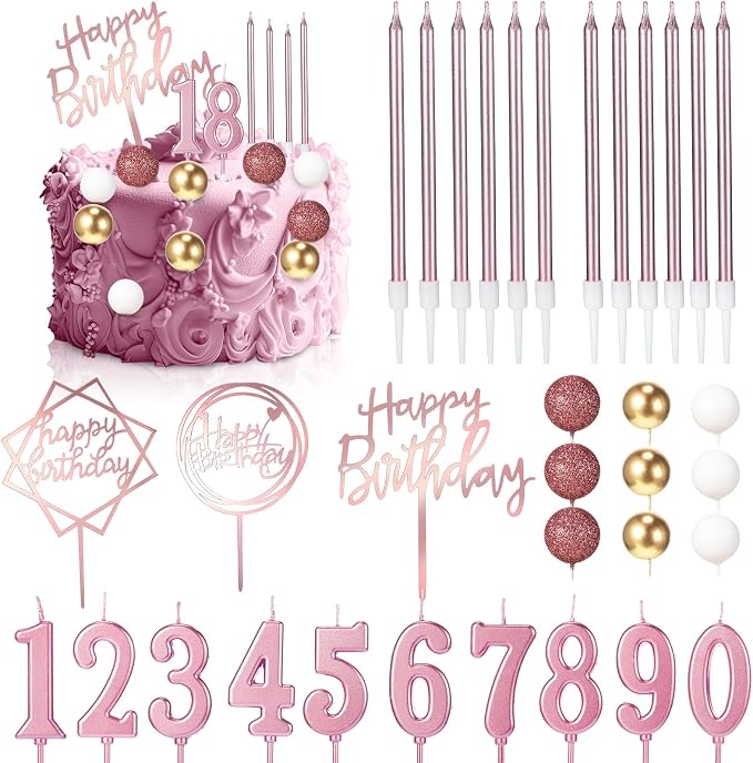 Yerliker 34 Pcs Happy Birthday Cake Toppers Decorations Birthday Candles DIY Cake Decor for Men Women Wedding Anniversary(Dusty Pink)