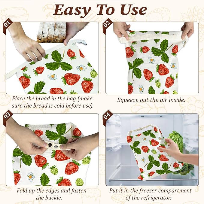 Beeswax Bread Bags, 2 Pack for Homemade Bread and Sourdough Storage | Red Strawberries Leaves Flower, Reusable Polyester Bread Storage With Beeswax Coating And Snap Closures