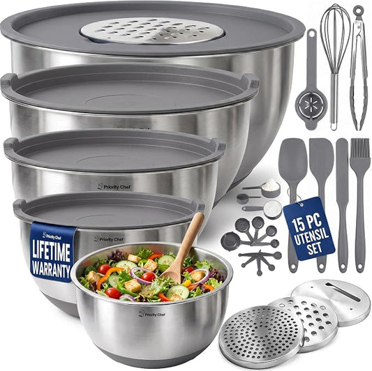 Priority Chef Stainless Steel Mixing Bowls with Lids Set, Metal Nesting Bowls with Airtight Lids, Graters, Non-Slip Base & Measurement Marks, Includes Utensil Set for Prep, Baking & Storage, Grey