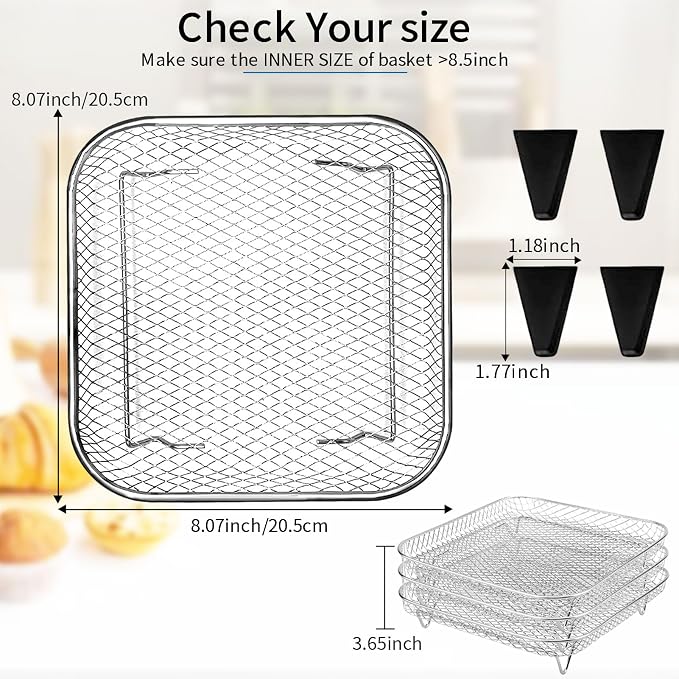 3 Tiers Stackable Air Fryer Racks, 8"x8"x1.7" Stainless Steel Square Dehydrator Trays Air Fryer Accessories with Non-slip Feet for Ninja Cosori Chefman Instant Airfryer