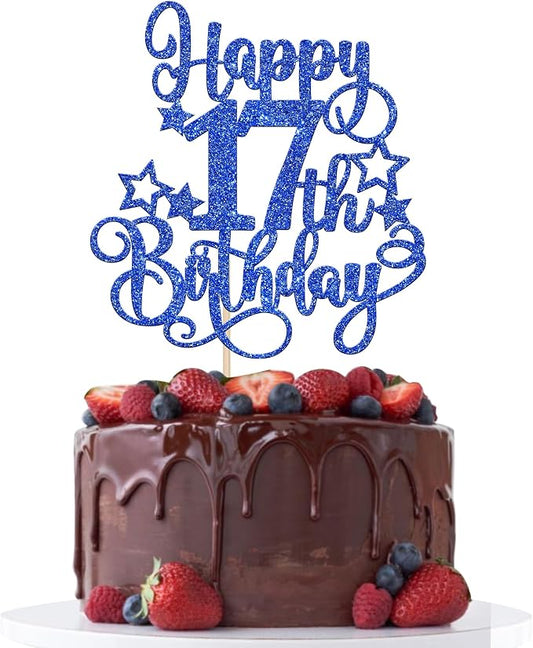 1 PCS Happy 17th Birthday Cake Topper Glitter Cheers to 17 Years Birthday Cake Pick Hello 17 Fabulous Cake Decoration for Happy 17th Birthday Anniversary Party Decorations Supplies Blue