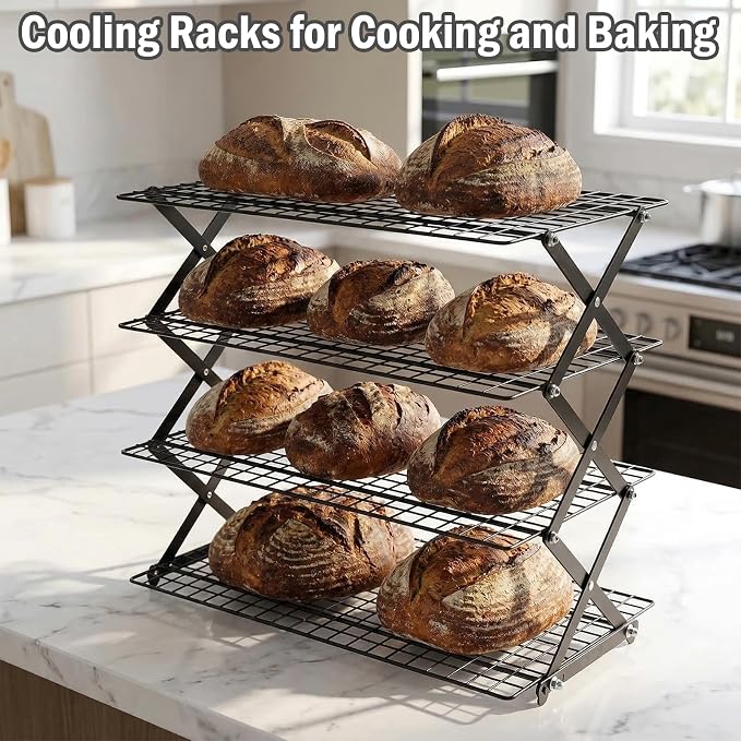 Collapsible Cooling Rack with Adjustable 3 Setting Design, 2/3/4-Tier Upgraded Heavy Duty Wire Cooling Rack, Stackable Baking Cooling Rack for Cookies, Bread & Roasting, Cookies Baking Gifts