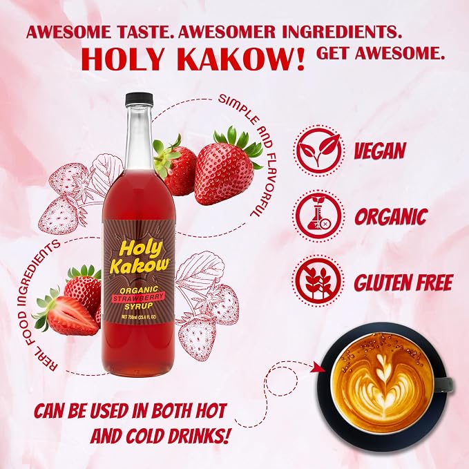Holy Kakow Organic Strawberry Syrup - Strawberry Fruit Syrup for Hot or Cold Drinks, Dye Free, All-Natural, Simple & Flavorful, Non-GMO, Vegan, Gluten Free - 750 ml