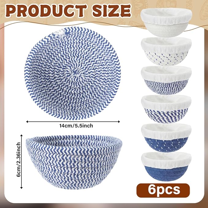 6 Set 5.5 Inch Mini Banneton Bread Proofing Basket Natural Cotton Rope Proofing Bowls Kit with Cloth Liner Small Sourdough Bread Baking Supplies for Home Baking (Blue)