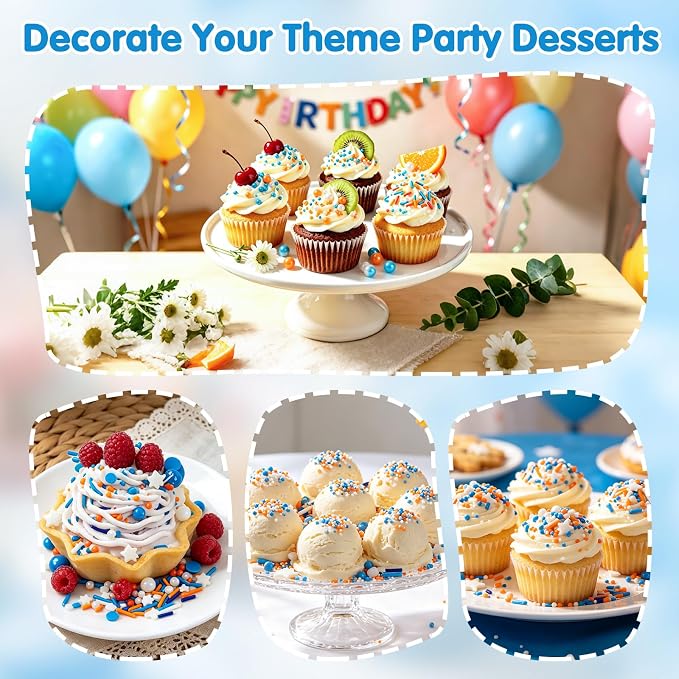 Edible Blue Orange Sprinkles for Cake Decorating,130g White Stars Pearls and Jimmies Mix,Round Sugar Confettis Sprinkle,Cupcake,Cookies,Donut,Basketball Soccer Sports Themed Holiday Dessert Toppings,Birthday Celebration Supplies