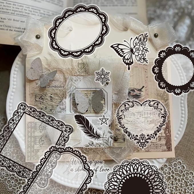 130 Pcs Vintage Black White Lace Scrapbook Stickers - Classic Butterfly Feather Heart Embellishments for DIY Journal Wedding Photo Album Craft Decor, Fade-Resistant Waterproof Reusable