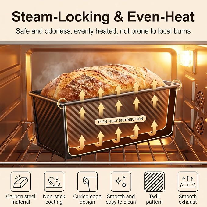 Pullman Loaf Pan with Lid, 13 × 4 Inch 2.2 LB Non-Stick Carbon Steel Bread Pans, Heavy Duty Corrugated Toast Pan for Homemade Sandwich and Sourdough Bread Baking Toasting