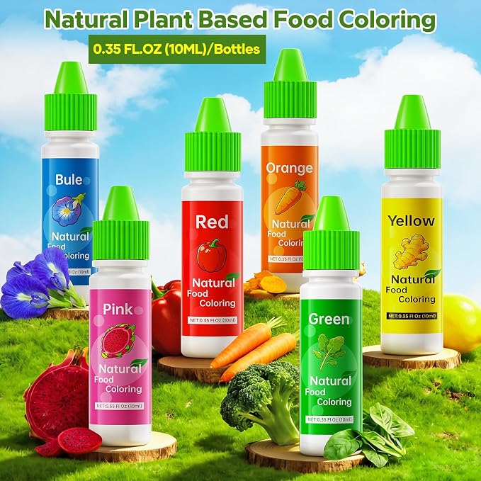 Natural Food Coloring Set - FD&C & Artificial Dye Free, Gluten-Free, 6 Colors (10ml/0.35 Fl. oz) Dye Free Food Coloring,Strong Color Power for Baking, Icing, Frosting, Slime, Cake Decorating & Easter Eggs