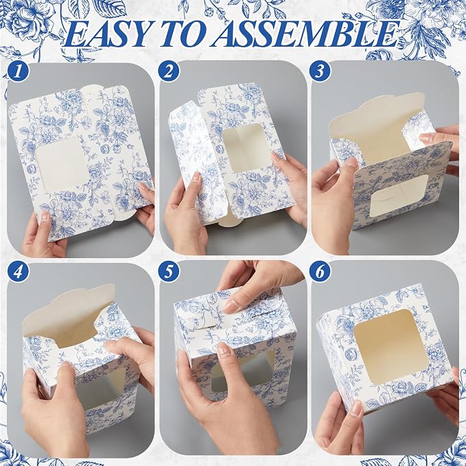 50 Pack Blue Floral Cookie Boxes with Window, Chinoiserie Small Bakery Treat Boxes for Pastry Donuts Macaroon Cupcakes, Wedding Bridal Shower Birthday Tea Party Baby Shower Favors