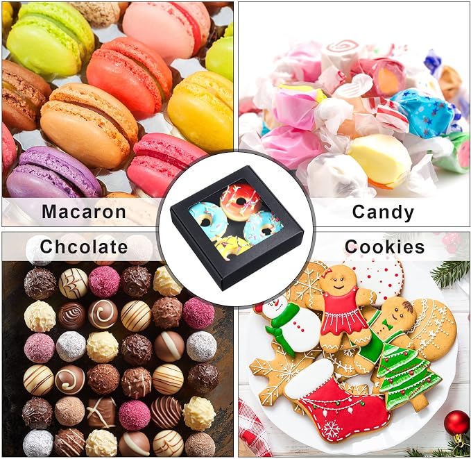 Zonon 60 Pcs Kraft Paper Boxes with Window 4.13 x 4.13 x 1.18 Inch Candy Packaging, Small Gift Boxes, Soap holder, Mini Treat Packaging for Bakery Chocolate Jewelry Display (Black)