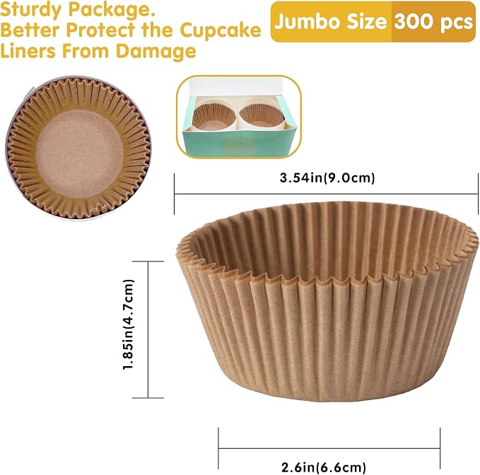 Jumbo Cupcake Liners 300 pcs Natural Muffin Liners No Smell,Food&Grade,Greaseproof Paper Baking Cups, Cupcake Wrappers for Party,Christmas by GoldenBakeryFamily