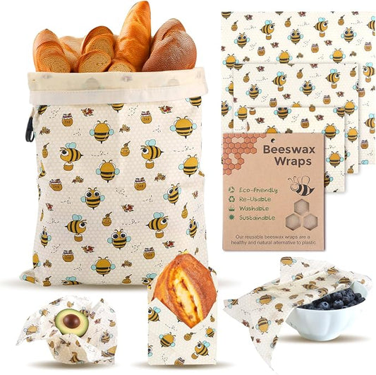 1 Large Beeswax Bread Bags for Homemade Bread Sourdough & 3 Beeswax Wraps, Easy to Clean Reusable Beeswax Breads Bags for Sourdough, 17 X 13 Inch Charming Honeybee Pattern Food Storage Bag