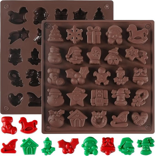 Christmas Chocolate Silicone Molds，2pcs Christmas Candy Molds 25-Design Ornament for Christmas Tree Gingerbread Man Santa Claus Gummy Cake Topper