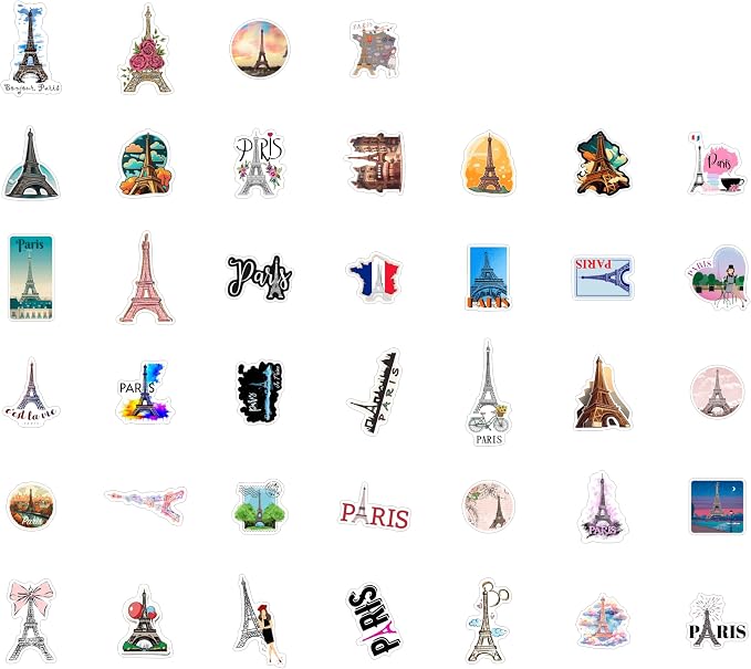 100Pcs Eiffel Tower Stickers for Water Bottle and Laptop - Eiffel Tower Party Supplies & Decorations, Waterproof Vinyl Decals, Paris and Travel Stickers, Gifts for Women & Men