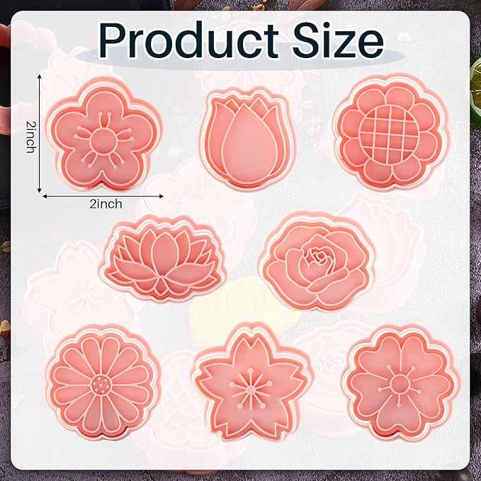 Vesici 8 Pcs Small Flower Cookie Cutter Set 2 Inches with Plunger Stamp 3D Lotus Rose Daisy Sunflower Cookie Stamps for Wedding Bridal Shower Graduation Summer Party Decorating Baking Supplies