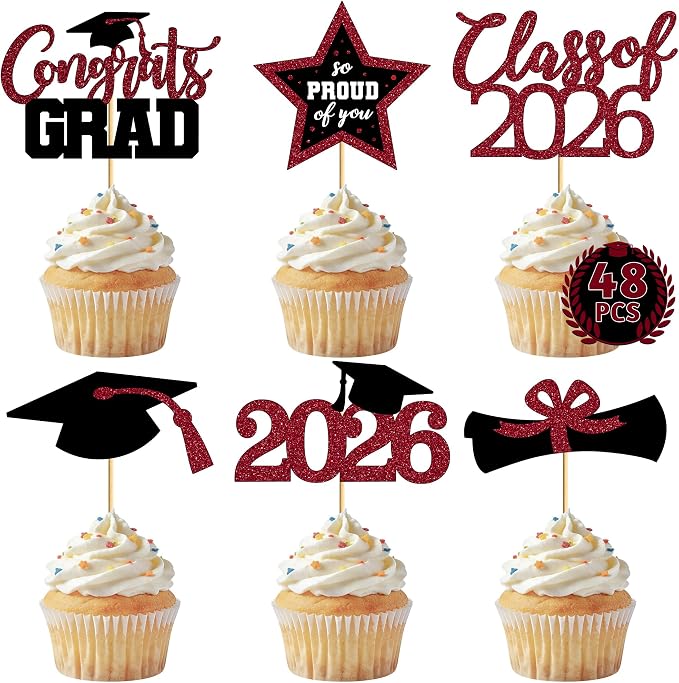 48 PCS Graduation Cupcake Toppers 2026, 6 Styles Grad Cake Topper, Congrats Graduation Decorations, Black and Burgundy Glittery Cap and Diploma Cake Picks for Grad Party Decor Supplies