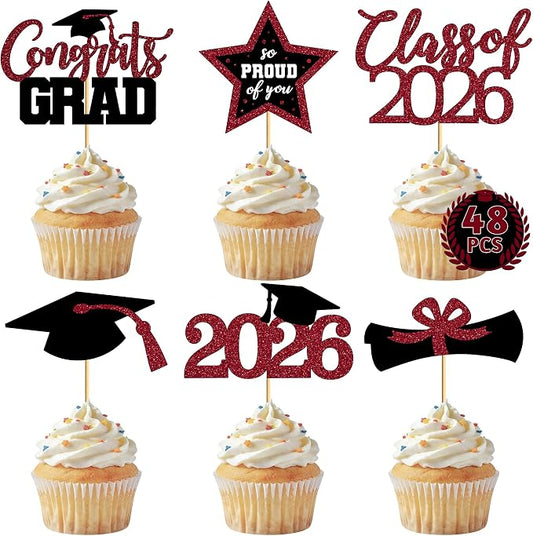 48 PCS Graduation Cupcake Toppers 2026, 6 Styles Grad Cake Topper, Congrats Graduation Decorations, Black and Burgundy Glittery Cap and Diploma Cake Picks for Grad Party Decor Supplies