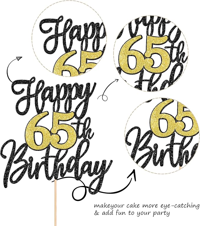 1 PCS Happy 65th Birthday Cake Topper Black Gold Glitter Cheers to 65 Years Birthday Cake Pick 65 Fabulous Cake Decoration for Happy 65th Birthday Anniversary Party Decorations Supplies