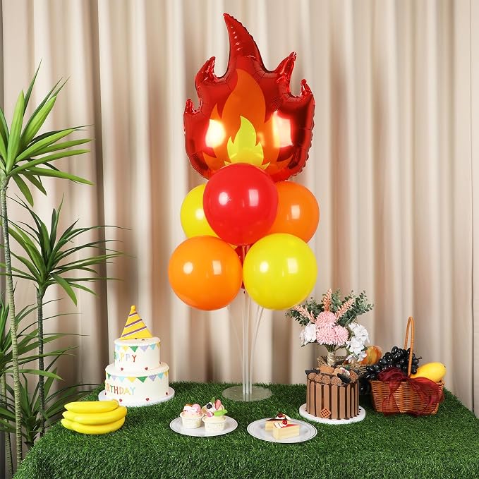 4 Sets Fire Party Balloons Stand Kit with Flame Fire Truck Foil Balloons Orange Yellow Red Party Balloon Centerpiece for Tables for Fireman Firefighter Rescue Themed Birthday Decorations
