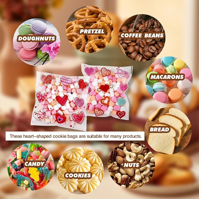 200PCS 5.5x5.5inch Valentine Cellophane Bags, Heart Cookie Bags | Clear Red Pink Lovely Printed Bags, Self Adhesive OPP Treat Bag for Cookie Bakery Present Gift Goodies DIY Candy Decorating