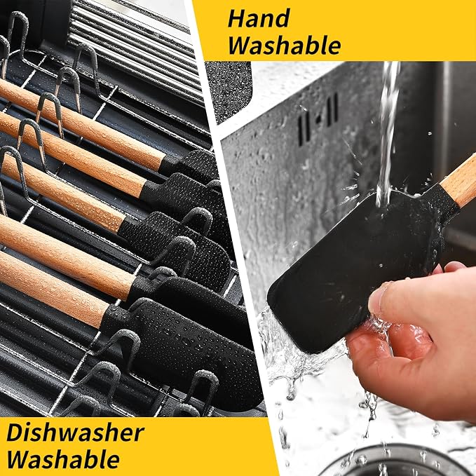 Silicone Spatula Set 5-Piece, Food Grade Heat Resistant 600°F, Wooden Handle Non-Stick Kitchen Utensils for Cooking & Baking (Black)