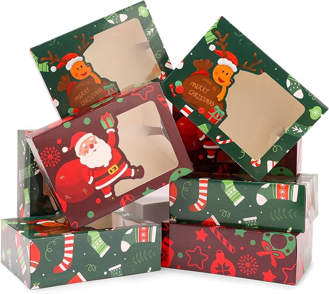 CHOUNYEE 24 Pack Christmas Cookie Boxes (8.25x6x2.75 Inch), Christmas Treat Boxes for Gift Giving, Bakery Boxes with Window for Exchange Gift, Holiday Food Cookie gift Containers