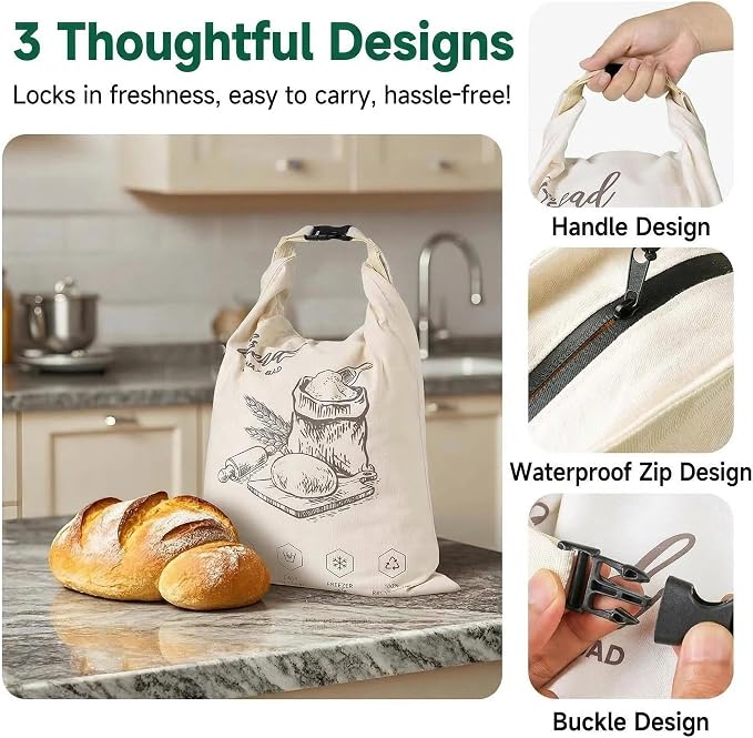 2-Pack Extra Large Beeswax Bread Bags with Zipper Seal – Reusable Bread Storage Bags, Eco-Friendly Natural Beeswax Lining, to Keep Homemade Bread Fresh for Sourdough & Artisan Loaves (White) | with Zipper