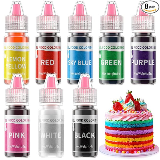 Gel Food Coloring Set - 8 Colors Concentrated Gel Based Food Color Food Grade Dye Flavorless Vibrant Edible Food Coloring for Cake Cookie Decorating Easter Egg Icing Fondant Baking Macaron - 6g/Bottle