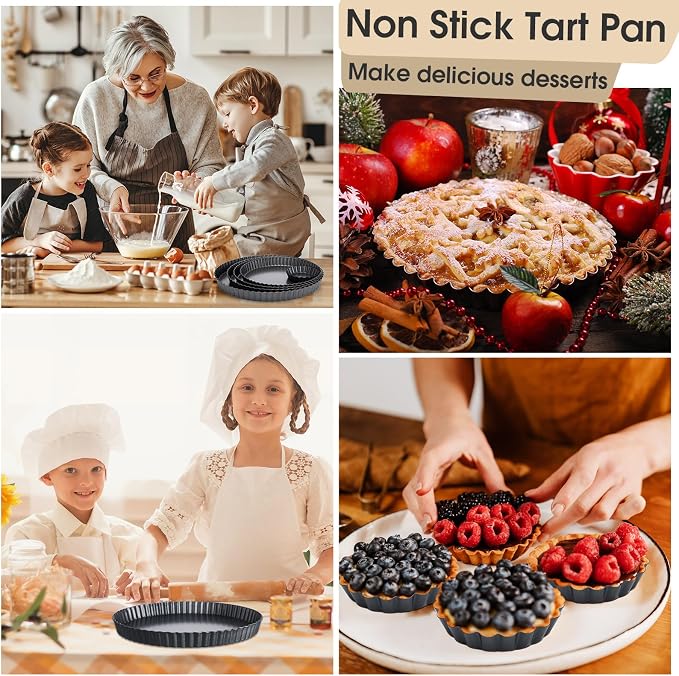 Ziliny 8 Pcs Non Stick Tart Pan with Removable Bottom 4'' 9.5" 10" 11" 12.6" Quiche Baking Dish Round Carbon Steel Mini Pie Pans Fluted Edges for Mousse Cakes Dessert Baking Tool Christmas Party