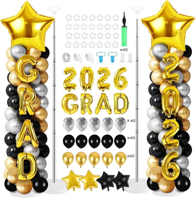 2 Sets Graduation Balloon Column Stand Kits with Balloons 2026 Grad Themed Decoration Navy Blue Balloon Tower Stand Kit for Grad High School & College Celebration Party Decor (Black Gold, 2)