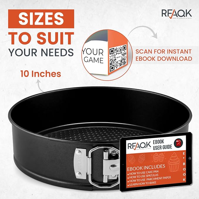 RFAQK 10 Inch Springform Pan Nonstick Leakproof - Spring Form Pan for Cheesecake with Removable Bottom, Include 50pcs Parchment Paper, Recipe E-Book - Perfect for Baking Cheese Cakes, Pizzas, & More!